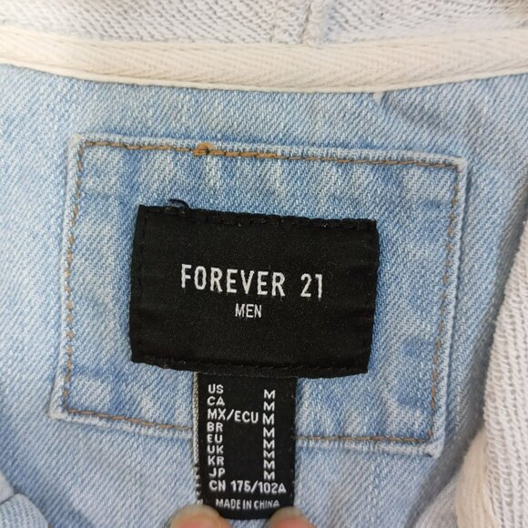 Forever 21 Mens Denim Hoodie Jacket Light Wash Medium Cotton Blend - Picture 2 of 9